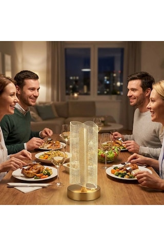 Dalgalı Silindirik Kristal Çizgili Model Led Masa Lambası Gold Tabanlı, Dokunmatik, 3 Renk Işık Mo Çok Renkli