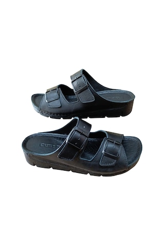 Castle Black 20317 Kadın Hakiki Deri İki Tokalı Comfort Terlik Siyah Siyah