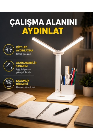 Kısılabilir Led Masa Lambası Kalemlik Ve Telefon Standlı, Göz Yormayan Işık Yeni Nesil - Lisinya Çok Renkli