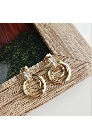 Lente Aksesuar 14k Altın Kaplama Rengi Işıltılı Geometrik Çift Katlı Halka Küpe Gold