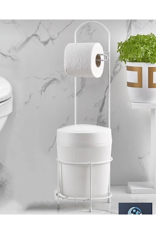 Kovalı Tuvalet Kağıtlığı, Çöp Kovalı Tuvalet Kağıdı Askısı, Banyo Çöp Kovası, Tuvalet Kağıtlık Beyaz