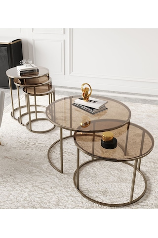 Dekoport Milas Prinç Eskitme Rengi Orta Ve Zigon Sehpa Seti - Bronz Cam Eskitme