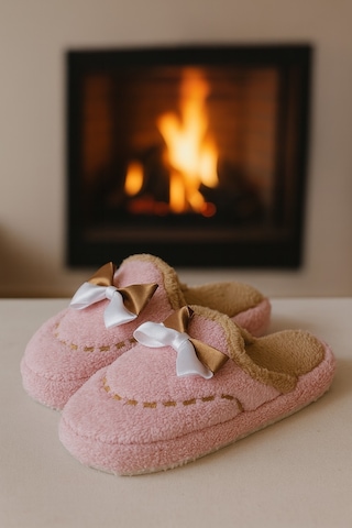 Golden Fiyonklu Kapalı Kadın Ev Terliği Günlük Rahat Kışlık Terlik Pembe