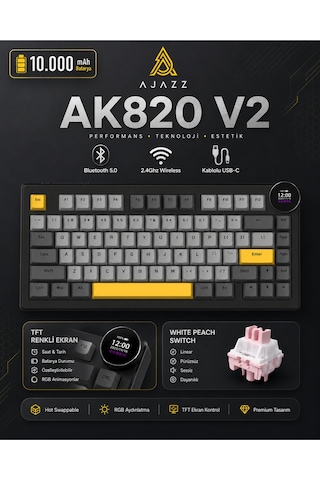 Ak820 V2 Ekranlı, Kablosuz Mekanik Oyun Klavyesi-10.000 Mah Batarya