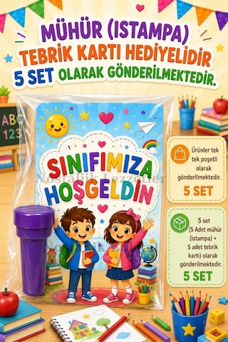 Okula Yeni Başlayan Öğrencilere 5 Adet Hediye Seti Mühür Istampa Tebrik Kartı Hediyeli