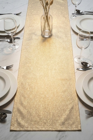 Lumen Serisi Simli Runner Gold / Silver , Premium Çeyizlik Lüks Şık Masa Örtüsü Runner 40x150 Cm Altın