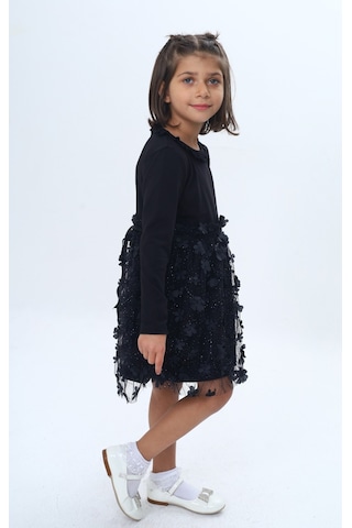 Toontoy Kız Çocuk Yaka Fırfır Etek 34 Çiçekli Tüllü Elbise Siyah