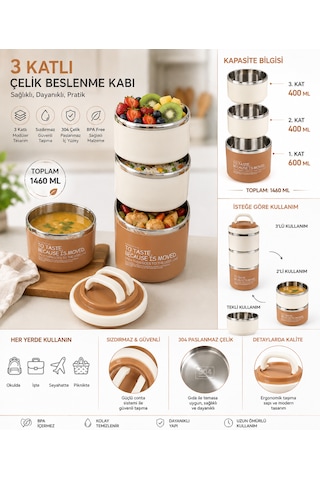 Muzeko 3 Katlı Paslanmaz Çelik Yemek Kabı Sızdırmaz Kapaklı Sefer Tası Taşınabilir Diyet Beslenme Kabı Kahve Krem Hy11502c3 1450ml Kahverengi - Krem