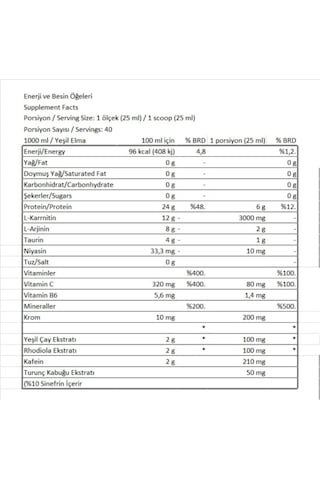 L-carnitine - 1 Lt - Yeşil Elma Aromalı - 3000mg