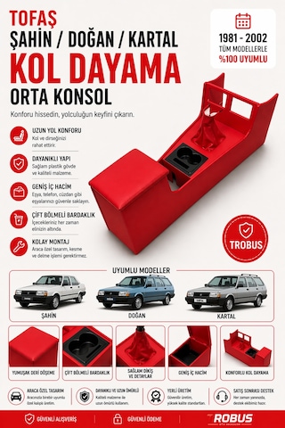 Trobus Tofaş Kartal Kargo 1998-2002 Tam Boy Orta Konsol Kol Dayama Bardaklıklı Deri Kırmızı