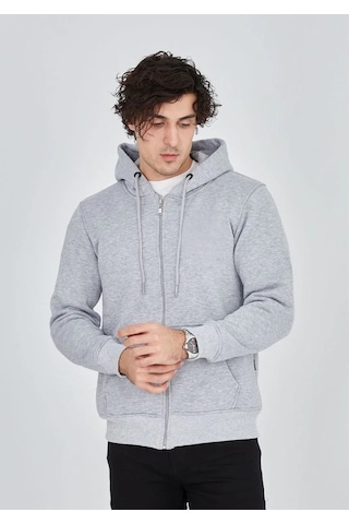 Luz&pos Erkek Tam Fermuarlı Kapşonlu Sweatshirt - Gri Gri