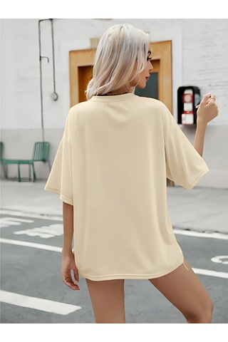 Mama Kalp T-shirt - Bej Baskılı Oversize Bisiklet Yaka Kısa Kol Tişört Bej