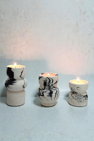 3lü Tealight Mumluk Seti - Dekoratif Beton Mumluk - Mumlar Dahildir Beyaz - Siyah