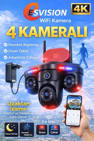 Esvision Es-705 4k 4 Lensli Akıllı Güvenlik Kamerası Hieasy Wifi Gece Görüş Sesli Kişi Takibi