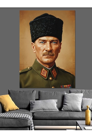 Asker Üniformalı Atatürk Portresi Dekoratif Kanvas - Mdf Ahşap Tablo