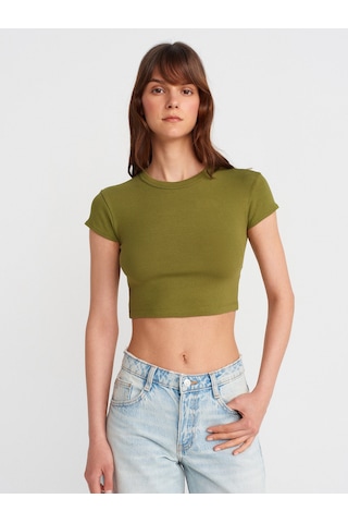 Dilvin 31810 Bisiklet Yaka Crop T-shirt-yağ Yeşil Yağ Yeşil