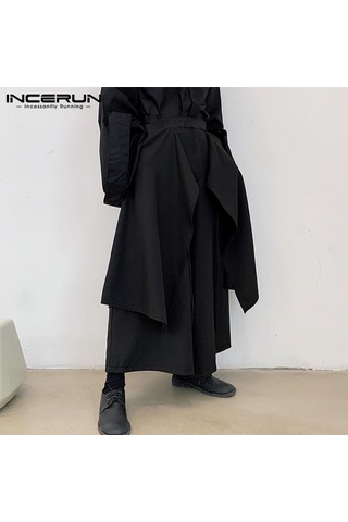 Incerun Düzensiz Hip Hop Erkekler Düz Etek Pantolon Harajuku Sokak Siyah Pileli Önlük Gotik Jogger Pantolon Siyah