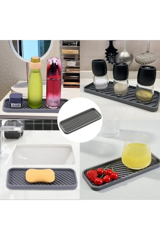 Gri Renk Silikon Yağdanlık Yağlık Sirkelik Altlığı Organizer Sunumluk Sabunluk Altlığı 23x10 Cm Diğer