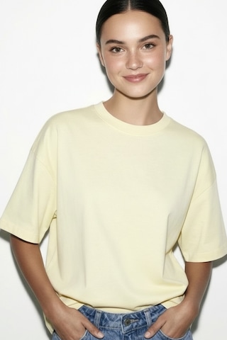 Feg Store %65 Pamuklu Kadın Oversize Sarı Fit Bisiklet Yaka T-shirt