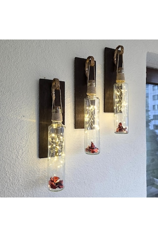 Led Işıklı, Ceviz Renkli Duvar Aplik, 3’Lü Set