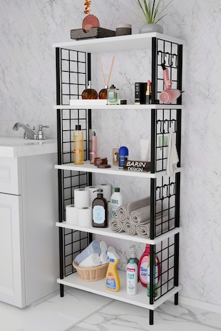 5 Raflı Çevir-kur Raf Ünitesi Telli Metal Gövdeli Organizer Banyo, Mutfak, Balkon, Antre Uyumlu Beyaz