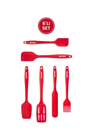 Silikon Mutfak Seti 6 Lı, Isıya Dayanıklı Yanmaz Yapışmaz Silikon Spatula Seti 6 Parça Kırmızı