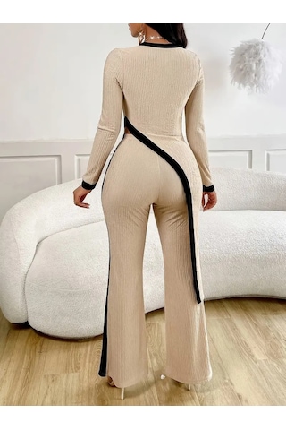 Asfstore Kadın Uzun Kollu Bisiklet Yaka Asimetrik Kesim Bluz Şardonlu Kaşkorse Bluz Ve Pantolon Ikili Takım Bej