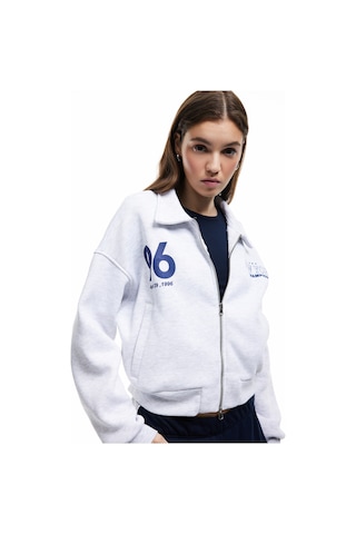 Koton Şardonlu Uzun Kollu Cepli Arkası Baskılı Fermuarlı Sweatshirt Kar Melanj 6wal10203ık Gri Melanj