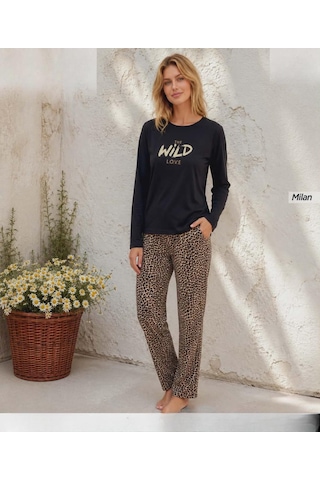 Pijamoni Kadın Milan Bisiklet Yaka Uzun Kol İnce Pijama Takımı 7600/28s - 1 Adet Siyah