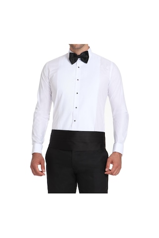 Slim Fit Duble Manşet Klasik Yaka Önü Piliseli Beyaz Damatlık Smokin Gömlek Gk 512 Beyaz