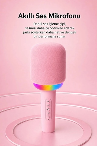 Exenar - Pembe - Kablosuz Bluetooth Karaoke Mikrofonu 5w Rgb Işıklı Taşınabilir Kablosuz Mikrofon Şarjlı 1200 Mah