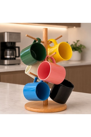 Bk Gift Bambu Askılı 7 Parça Kupa Seti, 6 Renkli Seramik Kupa Ve Doğal Stand Çok Renkli