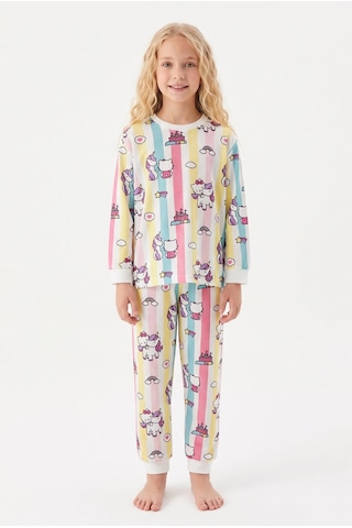 Bunny Hopp Kız Çocuk Uzun Kollu Pijama Takımı %100 Pamuk Renkli Çizgili Unicorn Ve Kedili Penye Çok Renkli