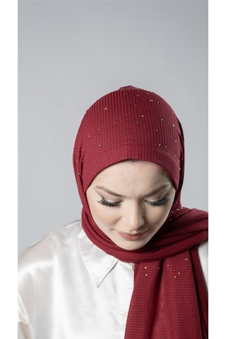Hürrem Bone Bordo Pratik Hazır Geçmeli Tesettür Şal Örme Kumaş Taş Desenli 2118t 16