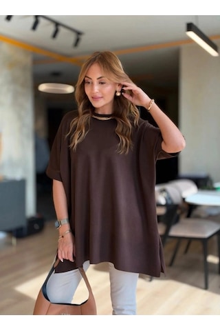 Zennamoda Kadın Bisiklet Yaka Kısa Yarasa Kollu Yanları Yırtmaçlı Oversize Dökümlü Merserize Bluz Kahve