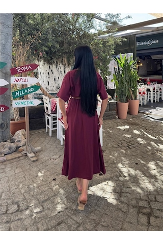 WeShaya Bordo Kruvaze Kemerli Saten Elbise Bordo