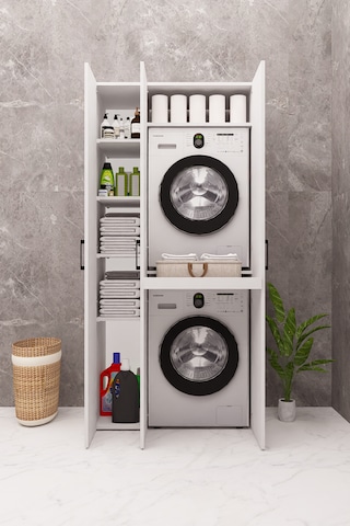 Mdf Çamaşır Makinesi Ve Kurutma Makinesi Dolabı Standart Kapaklı Beyaz