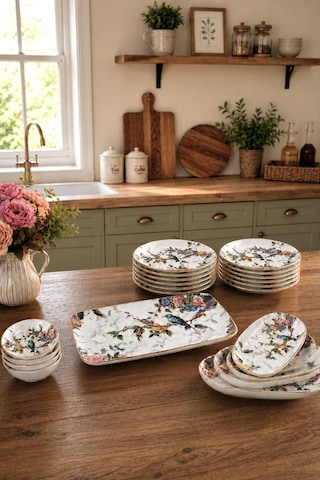 Flora 21 Parça 12 Kişilik Seramik Kahvaltı Pasta Sunum Tabağı Takımı Seti - Kup124f Çok Renkli