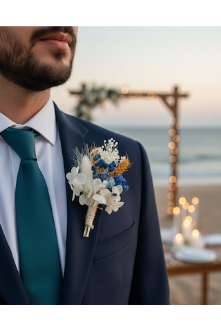 Beyaz Ortancalı Kuru Çiçek Damat Yaka Çiçeği, Nikah, Nişan Ve Düğün Aksesuarı Lacivert