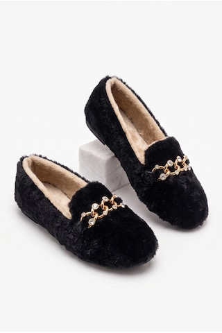 Nmoda Kadın Peluş Panduf Gold Zincir Taşlı Aksesuarlı Kapalı Loafer Yumuşak Tabanlı Kışlık Rahat Babet Siyah