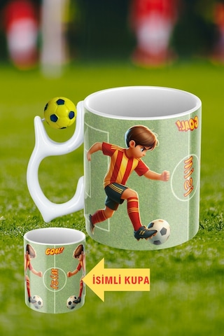 Sarı Lacivert Futbol Toplu Sarı Kırmızı Forma Oyunculu Taraftar İsimli Baskılı Kupa Bardak Beyaz