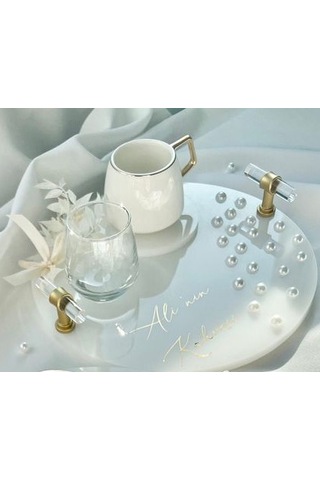 İnci Detaylı Gold Nişan Tepsisi Ve Damat Kahvesi Seti