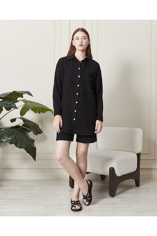 Soft Koton Kumaş Şort Gömlek Takım-3300-siyah Siyah