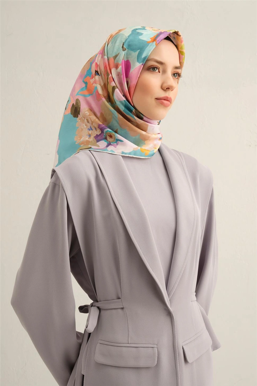 Armine Çiçek Desenli Saf İpek Twill Eşarp 9334d 34 Yeşil