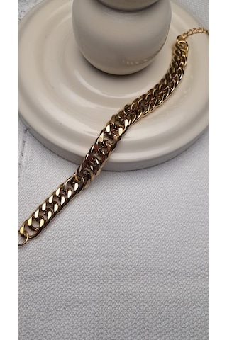 Çelik Bileklik Gold Altın Renk Kalın Zincir Detaylı Çelik Bileklik Gold