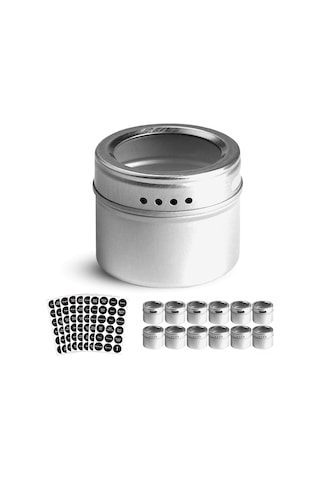 Springsun 12'li Paslanmaz Çelik Manyetik Baharat Kavanoz Seti - Görünür Kapağı, Dökme Ve Süzme Tasarımı + 144 Adet Baskılı Etiket Gümüş