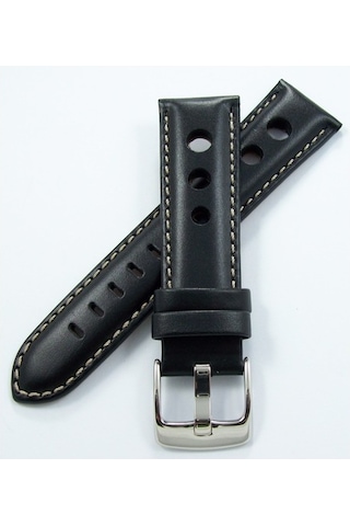 Bizon Siyah Deri Saat Kordonu 24Mm Beyaz Dikişli Delikli Kayışı S