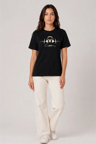 Wear Vexel Kadın Müzik Temalı Baskılı Tişört Bisiklet Yaka Kısa Kol T-shirt - Siyah Siyah