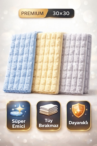 3 Adet Premium Kalite Puf Dokulu 30 30 Cm Genel Temizlik Mutfak Banyo Cam Bezi Diğer