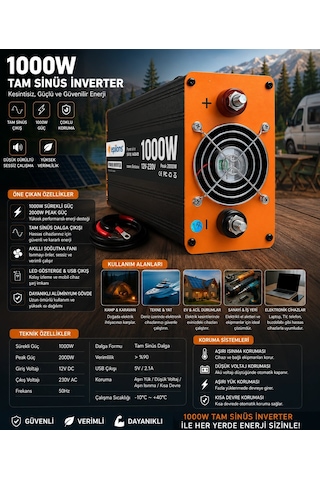 1000w Tam Sinüs İnverter 12v Ac Çevirici Sessiz Fanlı, Usb Çıkışlı, Araç Karavan Tekne Solar Uyumlu Güç İ